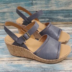 Kork-Ease Blue Leather Wedge Sandals